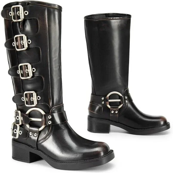 Women's Knee High Riding Boots Slip On Motorcycle Boot Fashion Buckle Biker Boot - Picture 5 of 7